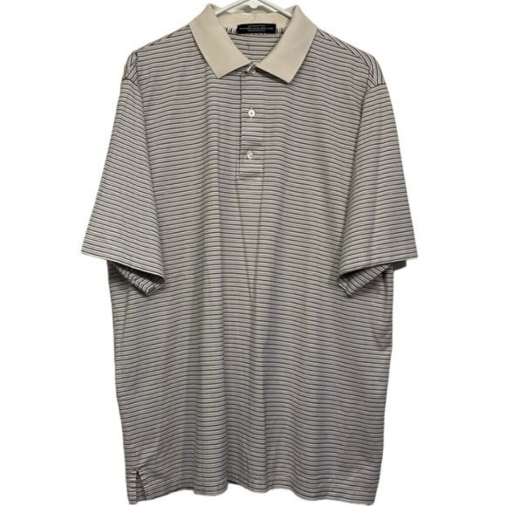 Men's Carnoustie Golf Tech White Blue Striped Performance Polo Shirt Size XL EUC